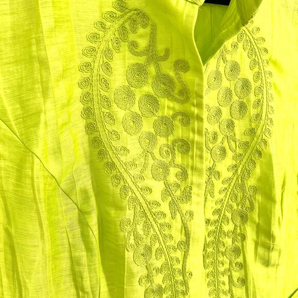 Chicos Sz Medium 1 US 8/10 Neone Green LINEN BLEND Tropical Blouse Shirt Top - Picture 4 of 9
